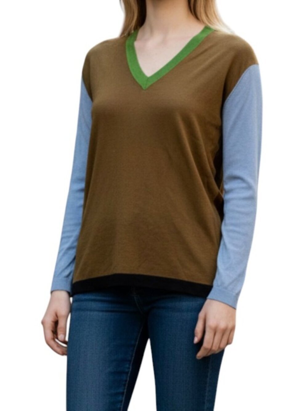 Happy Sheep 100% Cotton Colorblock V-Neck Lightweight Sweater S NWT